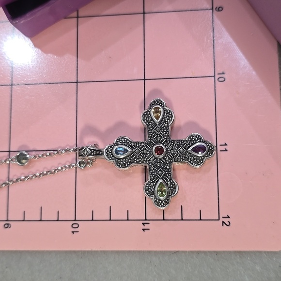 Sterling Silver Marcasite Multi-Gemstone Cross Pendant Necklace – 30" Chain - Picture 15 of 15